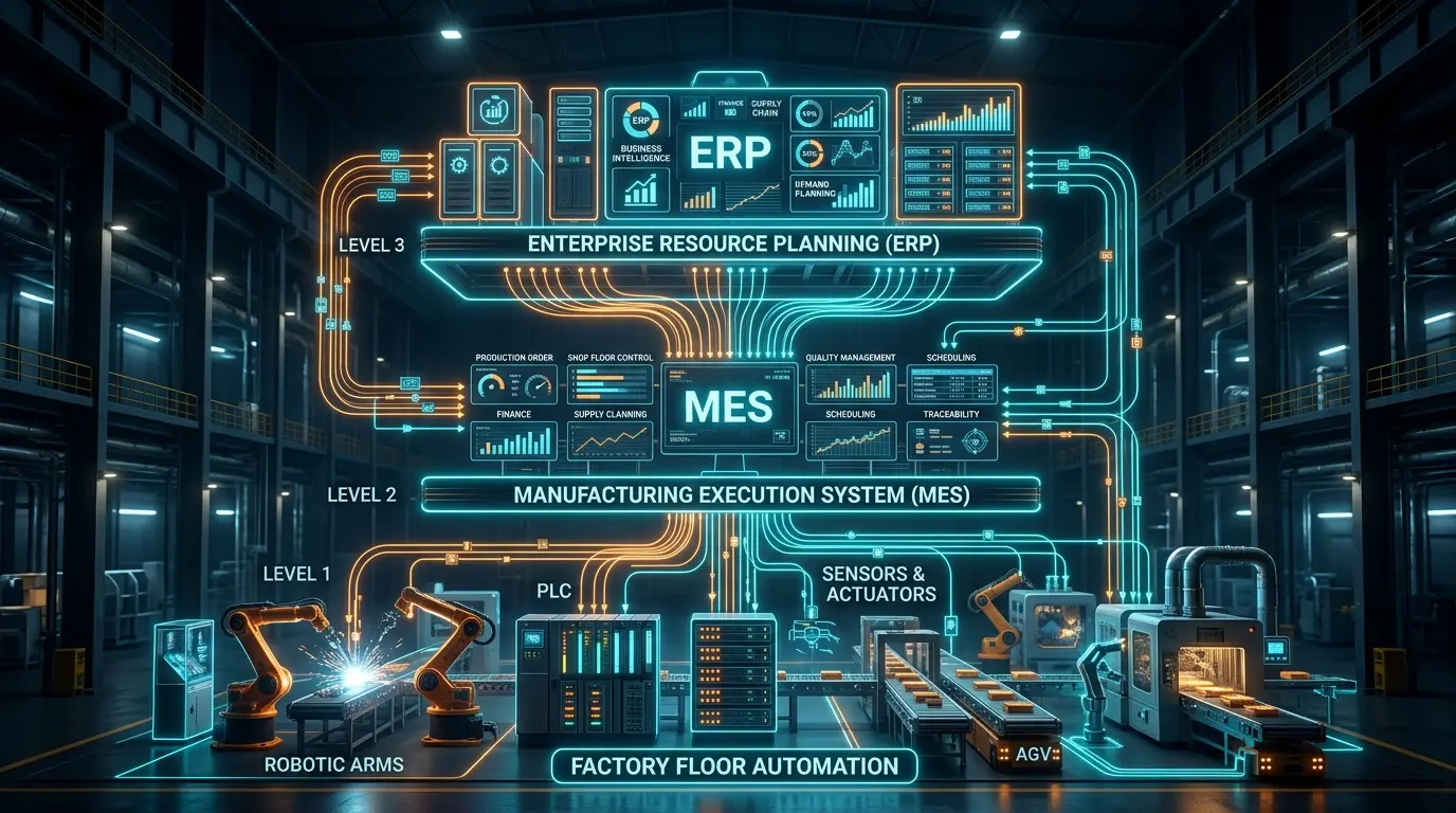 สถาปัตยกรรมเชื่อมโยงข้อมูลระหว่าง ERP, MES และระบบ Automation เครื่องจักรหน้างาน