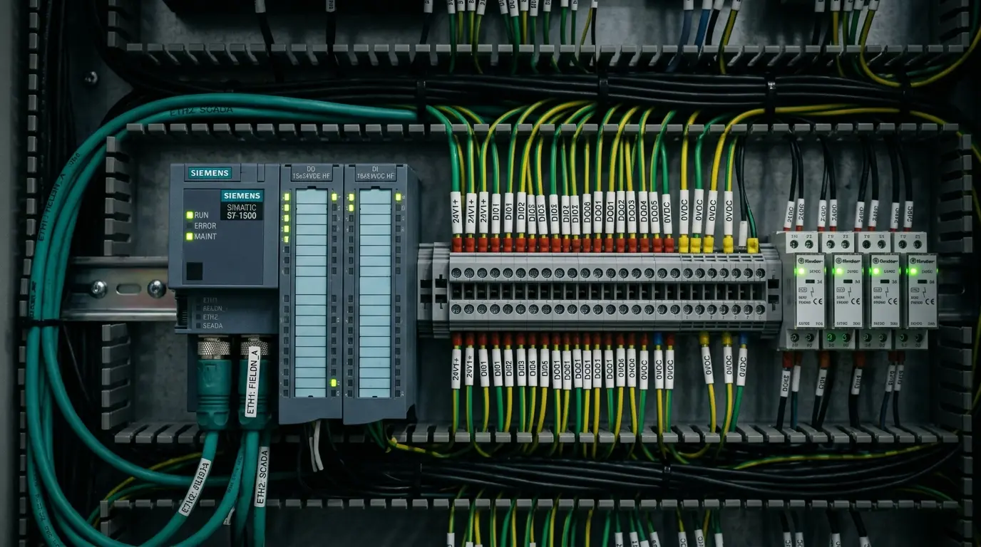 การต่อสายสัญญาณ PLC และโมดูล I/O ควบคุมในตู้คอนโทรลโรงงาน