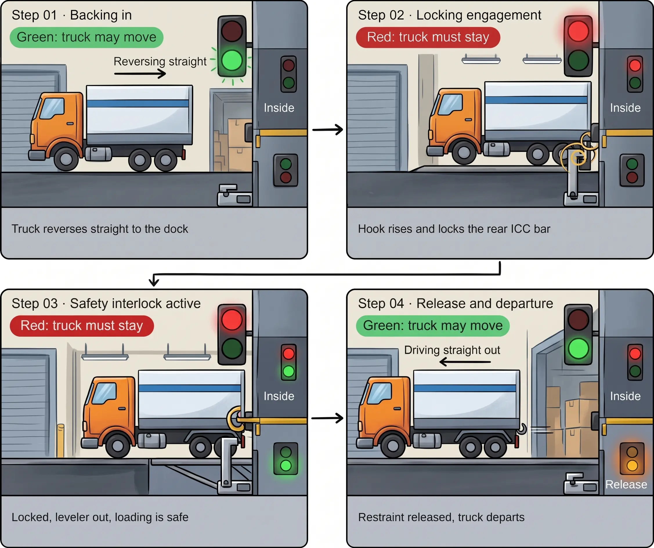 ไดอะแกรมขั้นตอนการทำงานของระบบล็อกรถบรรทุก Truck Restraint Dock Lock